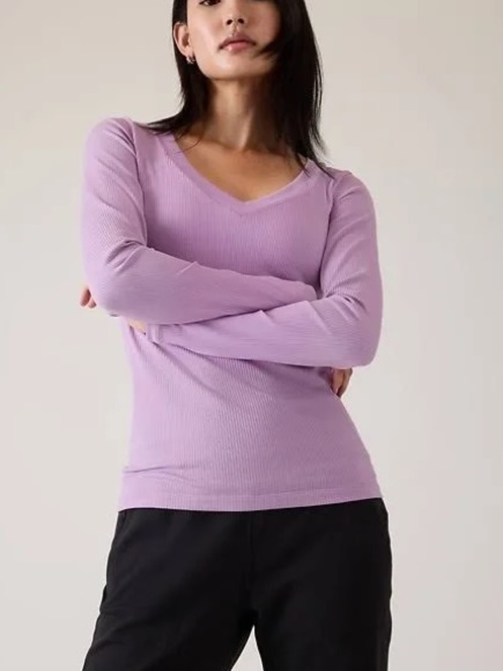 Athleta Signature Rib V-Neck Long Sleeve Top Lavender Purple Lilac Small S